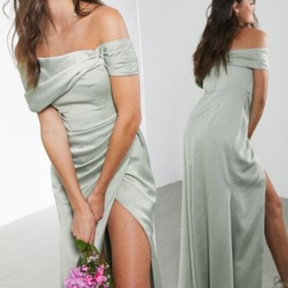 ASOS EDITION satin bardot drape wrap maxi dress in sage green